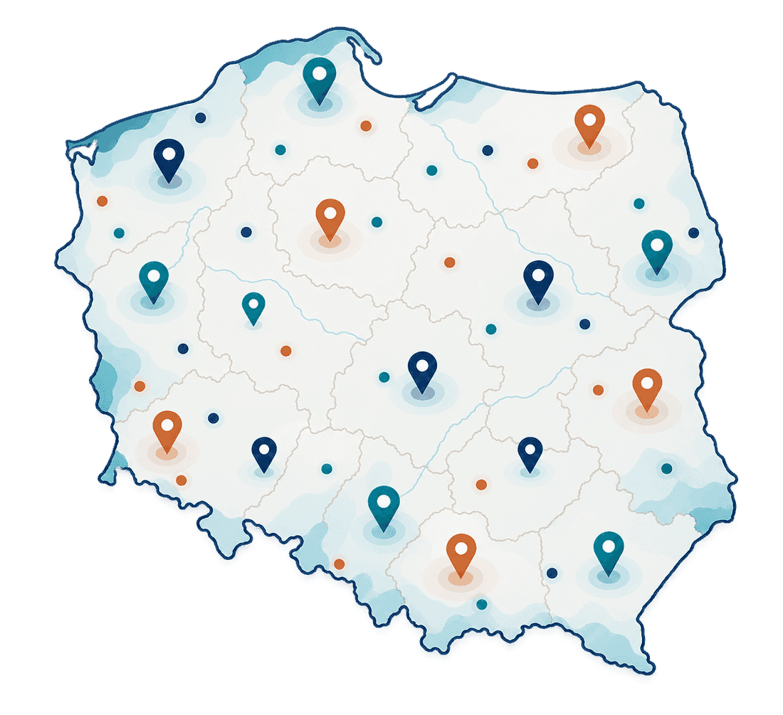 Mapa Polski z zaznaczonymi miastami, z których organizujemy wyjazdy